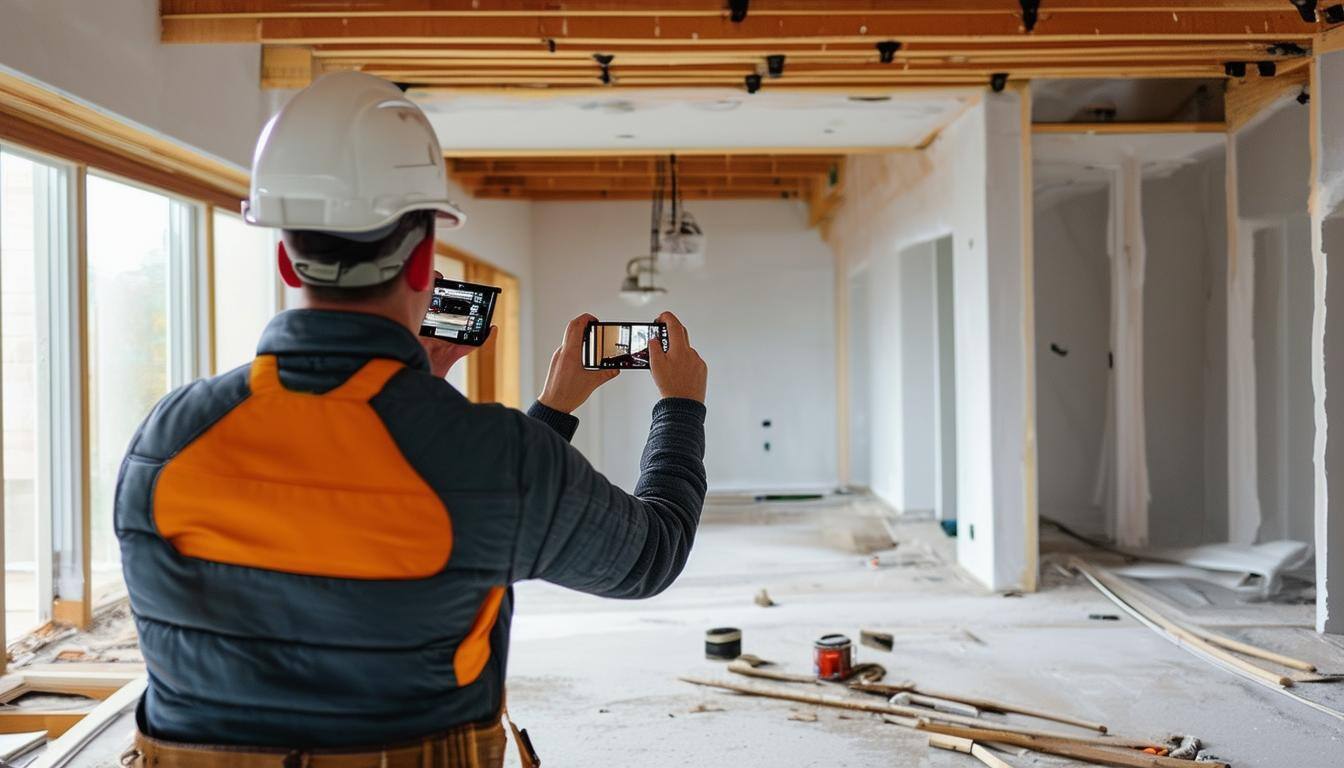 Construction worker taking a picture of the before and after. 
