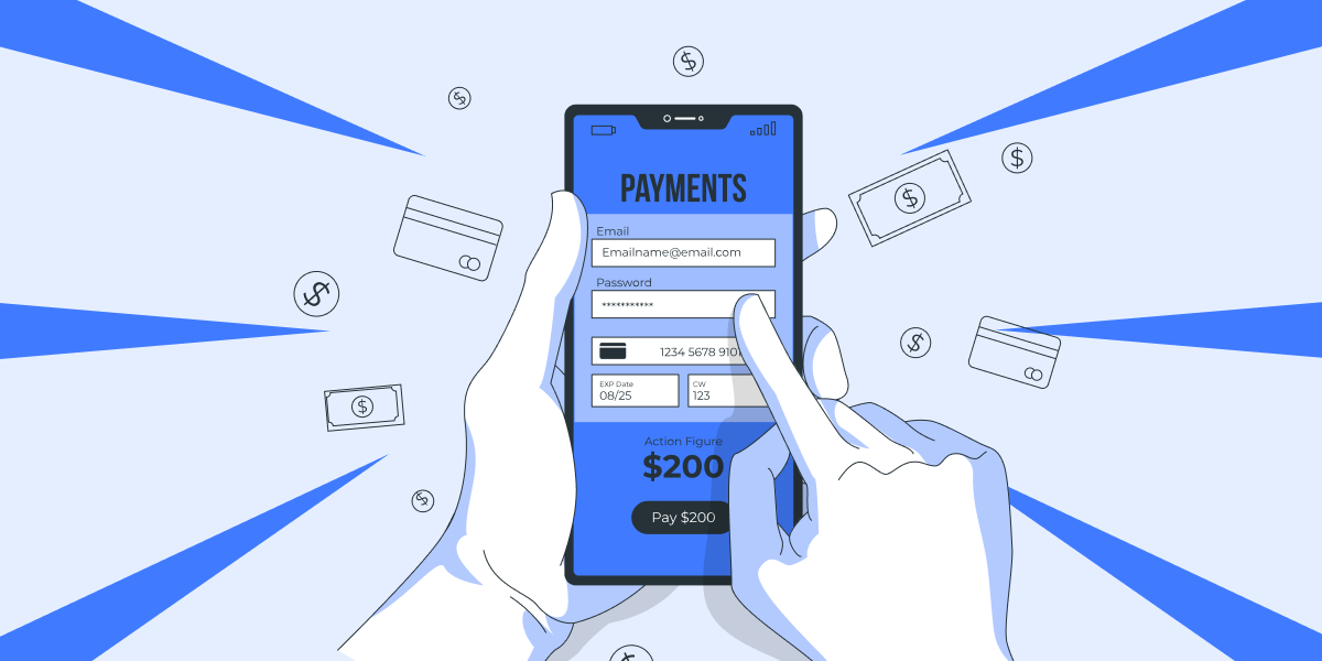 Illustration of hand holding a mobile phone showing a Payment App. featured_image