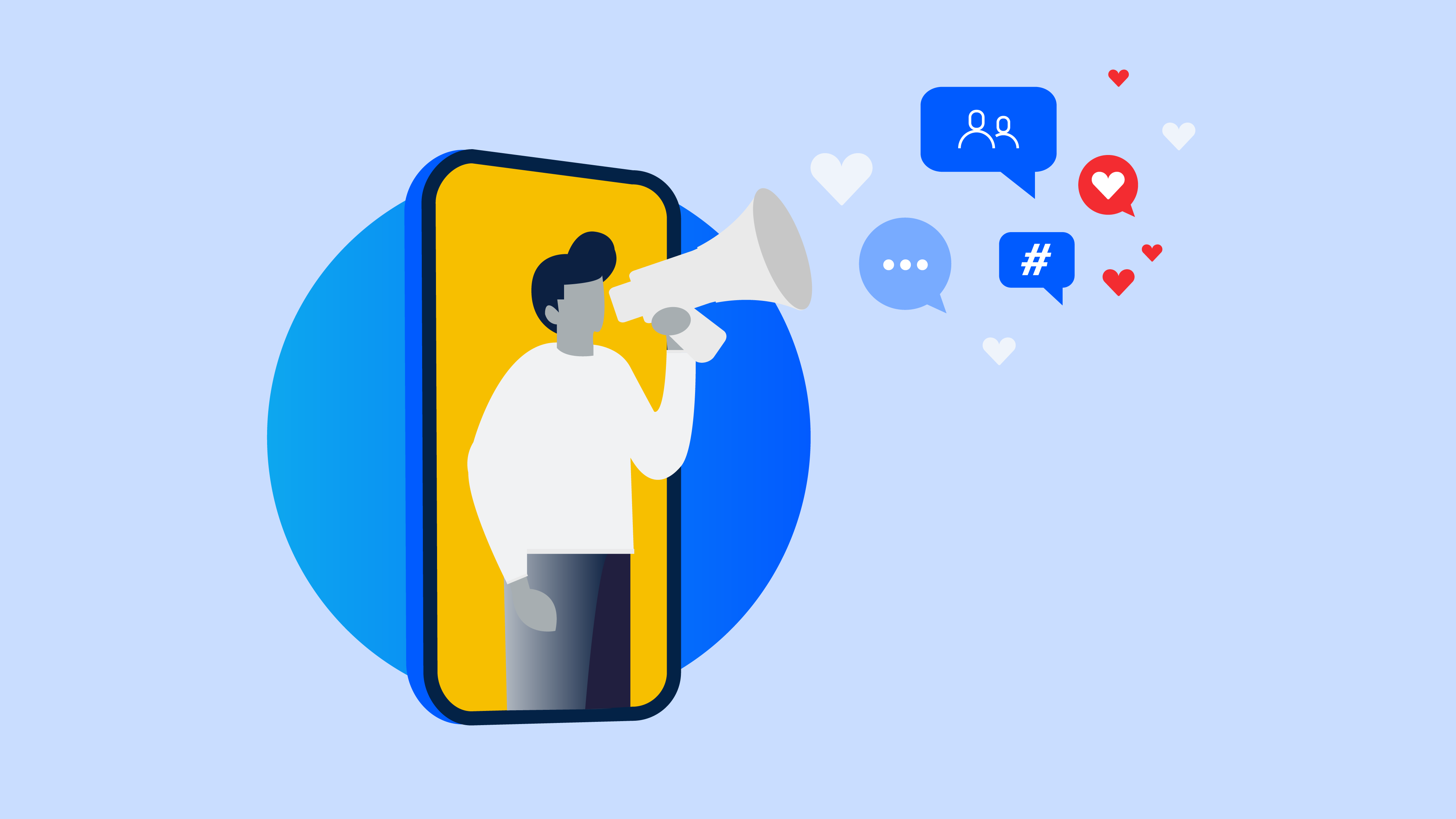Ilustracion de un hombre con un megafono con iconos de redes sociales.