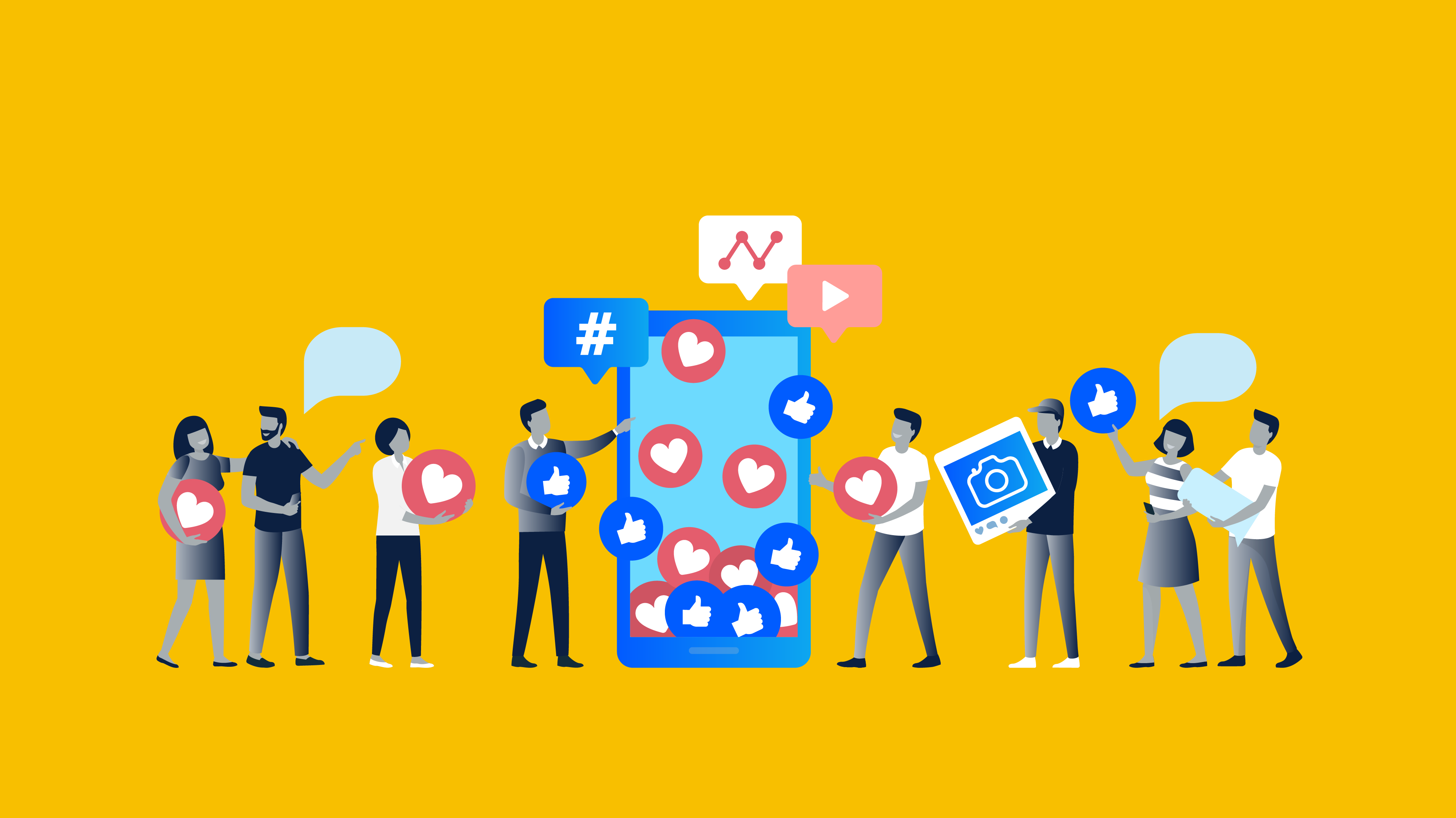Ilustracion de personas a las que le dan me gusta y comentan en las redes sociales. featured_image