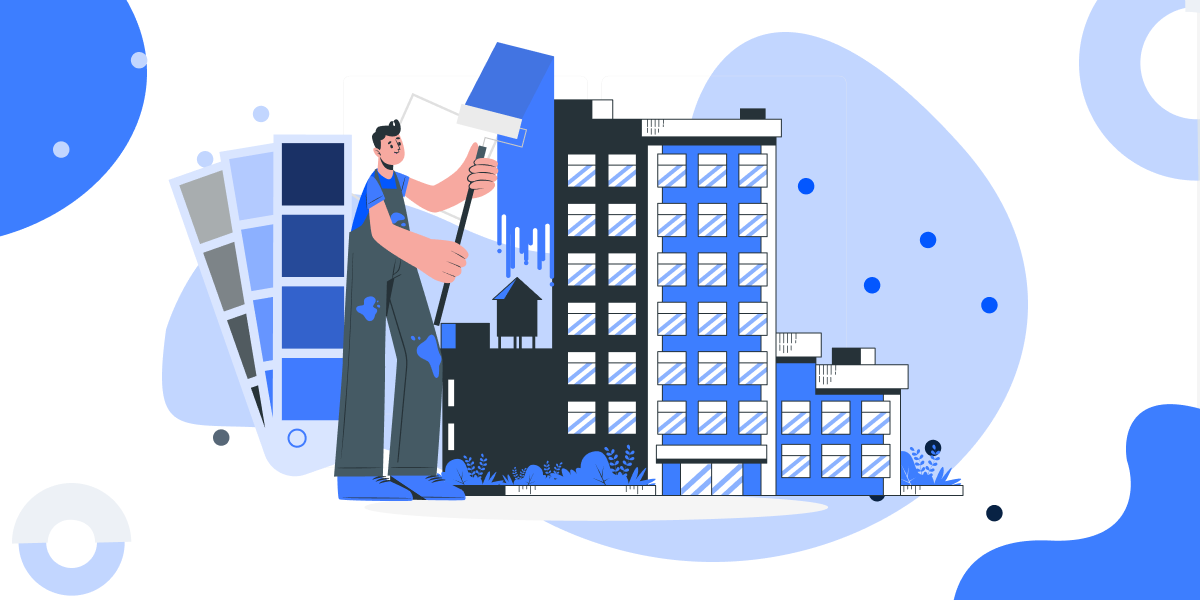 Illustration of a man doing painting works beside buildings. 